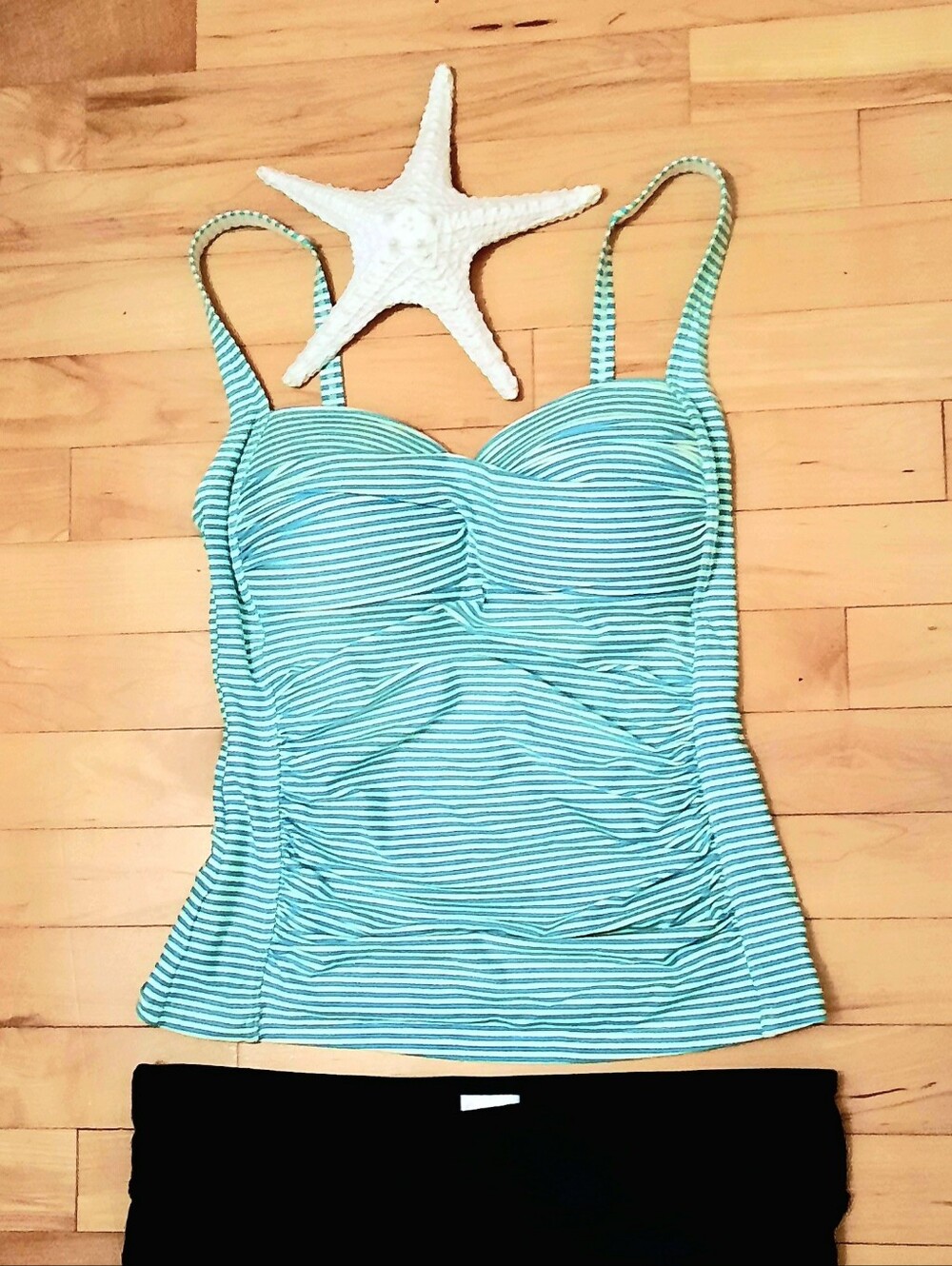BONDEYE Aqua-Green White Striped Tankini Top, Multi-Cup Fit, Adjustable Straps